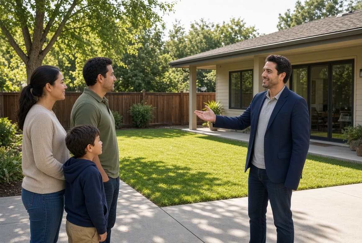 A real estate agent talking with a family in their backyard