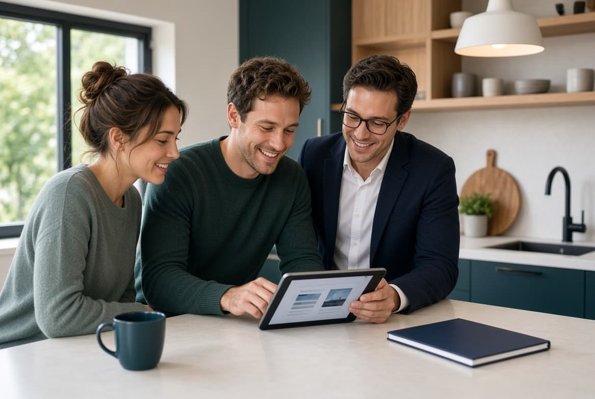 A real estate agent reviewing listings on a tablet with a couple